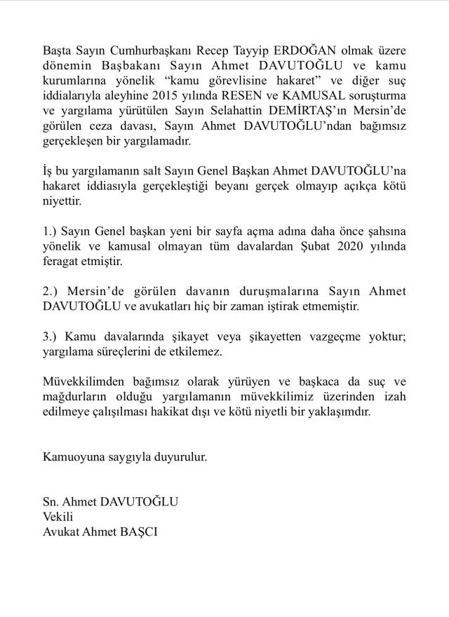 Ahmet Davutoğlu cephesinden Demirtaş'a dava yanıtı: Kötü niyetli bir yaklaşımdır