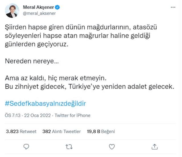 Akşener'den gazeteci Sedef Kabaş'ın Cumhurbaşkanına hakaretten tutuklanmasına tepki: Nereden nereye