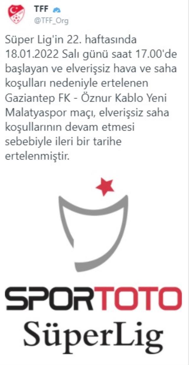 Son Dakika: 21 Ocak Cuma günü oynanması planlanan Yeni Malatya-Beşiktaş maçı 22 Ocak Cumartesi gününe alındı