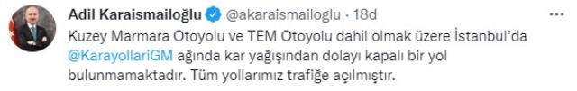 Son Dakika! İstanbul'da Kuzey Marmara Otoyolu ve TEM Otoyolu dahil olmak üzere karayolları ağında bulunan tüm yollar trafiğe açıldı