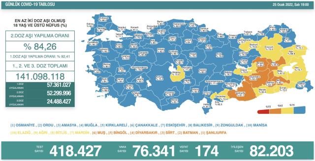 Son Dakika: Türkiye'de 25 Ocak günü koronavirüs nedeniyle 174 kişi vefat etti, 76 bin 341 yeni vaka tespit edildi