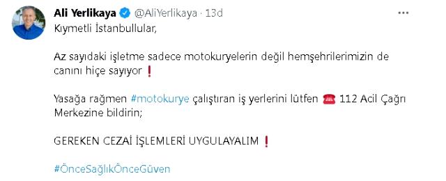 Vali Yerlikaya'dan tüm İstanbullulara çağrı: Yasağa rağmen motokurye çalıştıran iş yerlerini ihbar edin